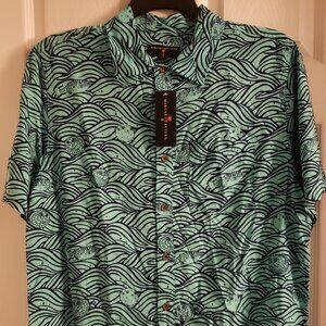 Margaritaville Men's Pufferfish Fish Waves Teal Blue Button Down Medium Shirt